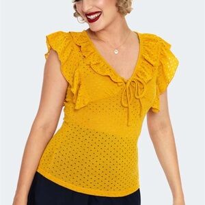 Voodoo Vixen Retro Yellow Ruffle V-Neck Top sz L